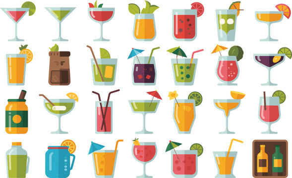 Refreshing colorful cocktail and tropical drink icons with fruit garnishes and umbrellas