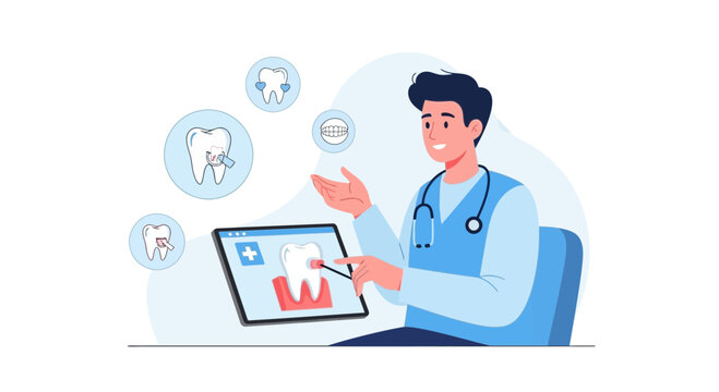 Dentist Explaining Dental Health Using Digital Tablet and Icons