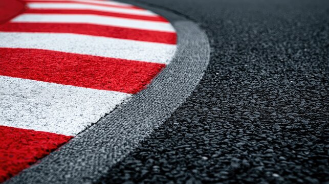 Close-up of a racing track curb with red and white stripes on asphalt