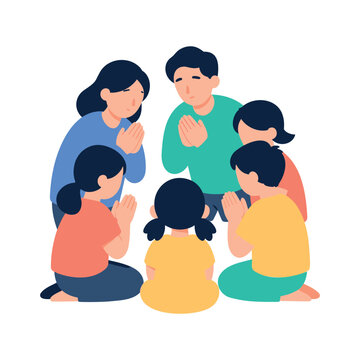 Family of six prays together in a circle in a simple colorful illustration