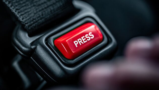 Red button on a black buckle, with a finger about to press it