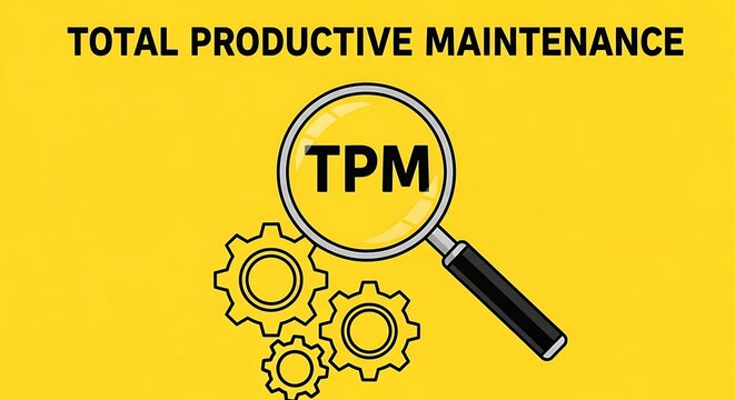 Total Productive Maintenance concept with TPM acronym under magnifying glass, industrial gears on yellow background, lean manufacturing management