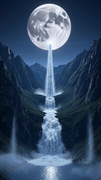 Surreal waterfall flowing from the full moon into a river through a mountain valley, a magical fantasy landscape at night with flowing water and moonlight reflection