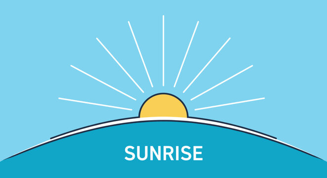 Flat vector graphic illustration of a yellow sun rising over the blue horizon with the bold white text SUNRISE.