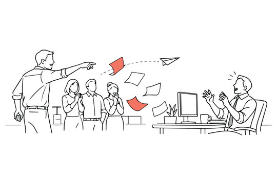 Man pointing at flying paper airplane and papers at office business