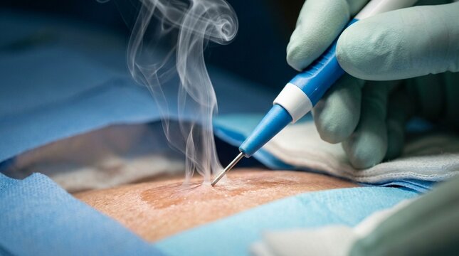 Electrosurgical Pencil Diathermy Tip on Tissue Smoke Plume Surgical Cauterisation