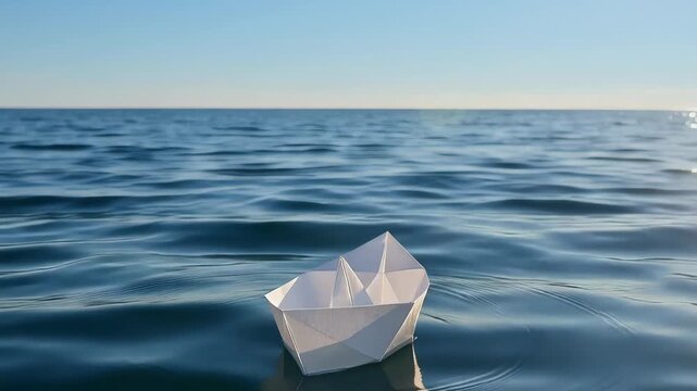 White paper boat floating on calm blue water, symbolizing dreams, travel, and adventure, gently bobbing on the ocean waves under a clear sky with a beautiful reflection