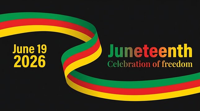 Vibrant Juneteenth ribbon graphic celebrating freedom with date and patriotic colors.