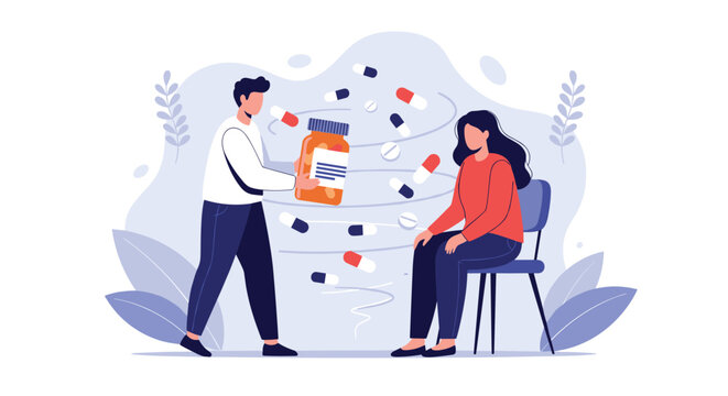Doctor or pharmacist handing a pill bottle to a female patient sitting on a chair surrounded by a swirl of medical capsules.
