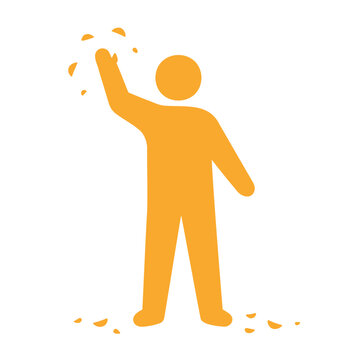 Iconic figure throwing bits in the air with arm raised in joyful celebration