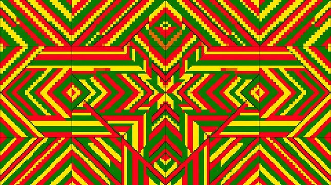A bold, pixelated geometric design featuring red, green, and yellow hues symbolizing Juneteenth pride and cultural celebration.