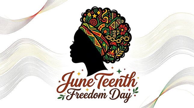 Vibrant Juneteenth illustration featuring a bold silhouette with a colorful headwrap against a minimalist background.