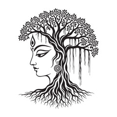Sacred Goddess Face Merged with Banyan Tree Roots and Branches © Sawgata Roy