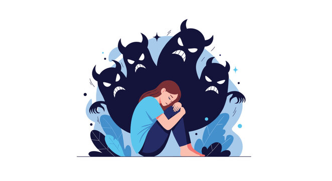 Depressed young woman sitting with hugged knees is surrounded by scary dark shadow monsters representing anxiety and fear.