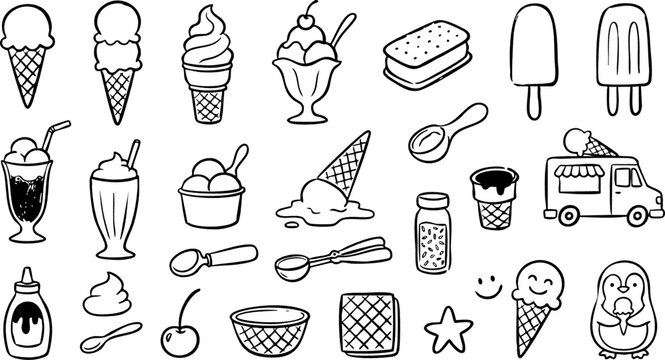 dessert hand drawn doodle set with ice cream popsicle cookies and sweet treats
