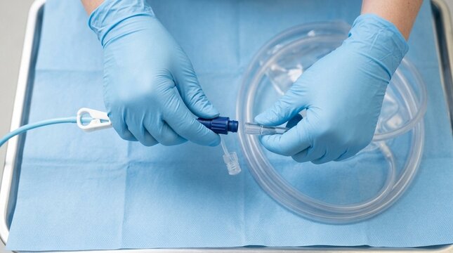 Peritoneal Dialysis PD Disconnect Hands Separating Transfer Set Drainage Bag Gloved