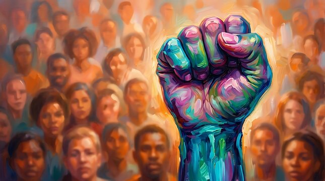 A vibrant raised fist symbolizes solidarity and emancipation against a backdrop of diverse abstract faces.