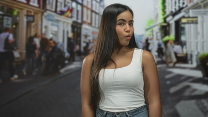 Fototapeta premium Young hispanic woman smiles showing teeth and bare shoulders on a busy street while making playful hand gestures; joyful.