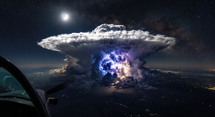 Obraz premium Mushroom cloud explosion at night with moonlight, apocalyptic scene
