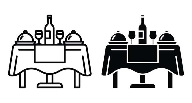 Restaurant dinner table icon set with wine bottle glasses and food cloches for romantic date or fine dining service