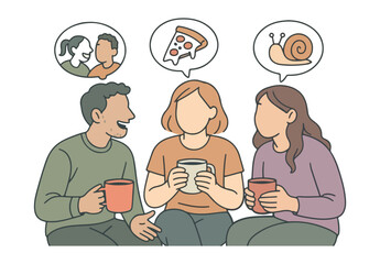 Three people talking holding mugs with thought bubbles of couple pizza and snail © Jannat