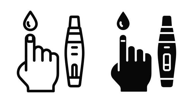 Diabetes blood glucose test icon set showing finger prick with drop and electronic meter for monitoring sugar levels in health