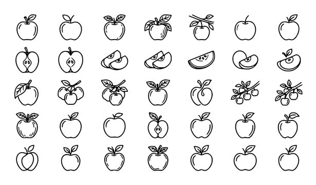 Black line art apple vector icon set with simple fruit illustrations