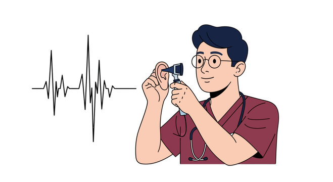Doctor examining ear with otoscope near heartbeat line, vector illustration