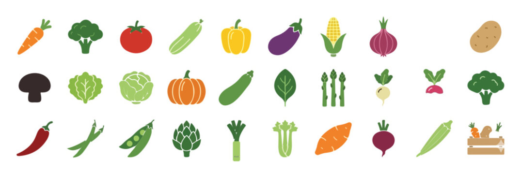 Collection of colorful flat vegetables and produce carrot broccoli tomato zucchini