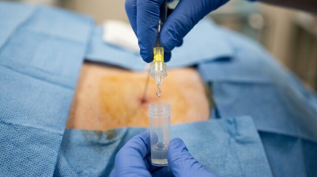 Lumbar Puncture Spinal Fluid Dripping Into Collection Tube CSF Sample Neurology