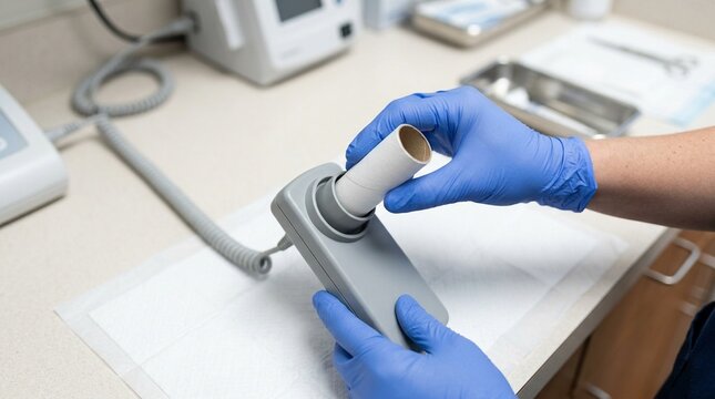 Disposable Mouthpiece Fitted to Spirometer Lung Function Test Equipment