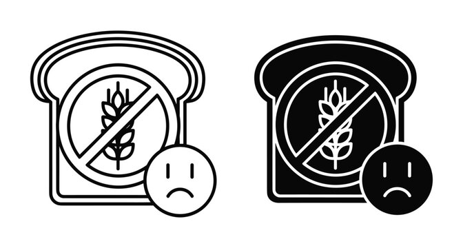 Gluten free bread icon set representing wheat allergy intolerance and celiac disease diet restrictions with sad face emoji symbol