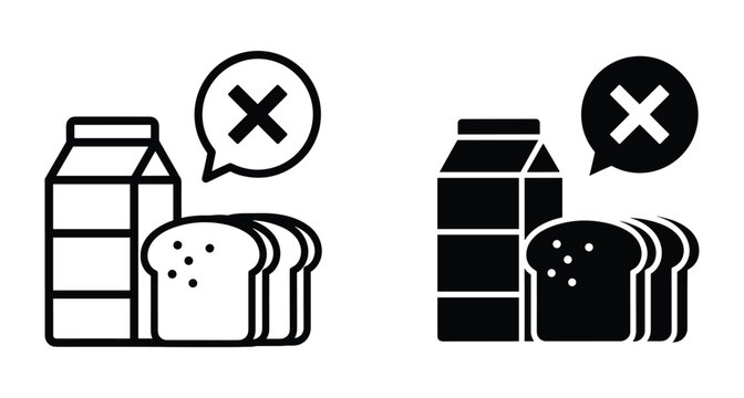 Food allergy and dietary restriction icons showing milk carton and sliced bread with cross mark for lactose and gluten intolerance