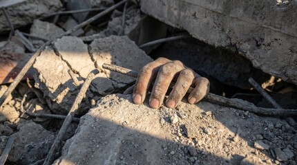 Fototapeta premium A dirty human hand, covered in dust, is seen grasping rebar and concrete amidst a pile of rubble. This somber image conveys the desperate aftermath of a devastating natural disaster.