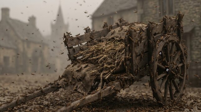 Derelict wooden cart laden with wheat, swarming with countless locusts flying and crawling. Feeling of impending famine and natural disaster.