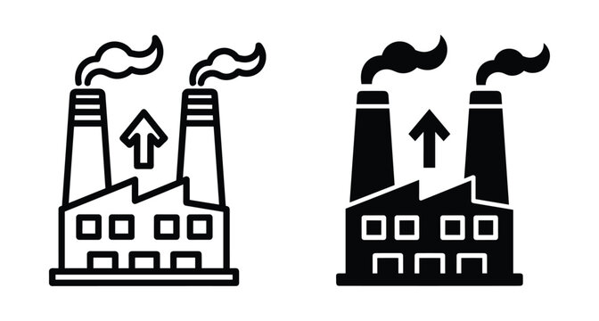 factory icon set showing industrial building with chimneys smoke and upward arrow representing production growth manufacturing efficiency and plant development