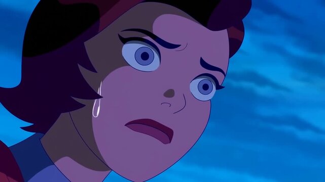 Tracking shot close up of animated woman reacting to lightning strike with sweating and shock while zooming across stormy night sky rooftop
