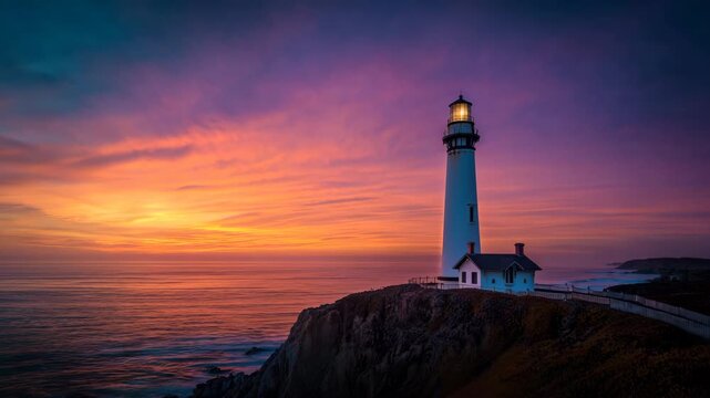 Lighthouse standing firm on cliff edge during dramatic sunset vivid sky colors soft rim lighting strong silhouette well defined structure clear focus