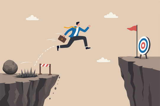 Determination and bravery to overcome obstacle and achieve business success, career challenge or motivation to win competition, determined businessman jump over cliff gap to achieve business target