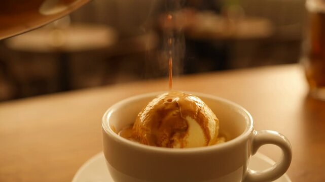 Affogato dessert with coffee poured vanilla ice cream