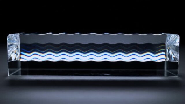 Static shot of glass prism block showing moving internal light wave pattern oscillating and refracting on dark studio tabletop surface