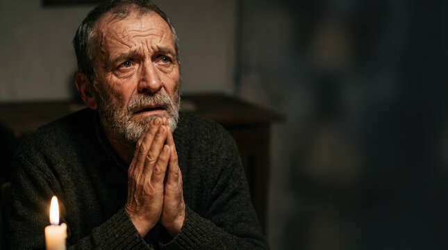 Facing financial fears a grieving man contemplates outliving savings in a dimly lit room