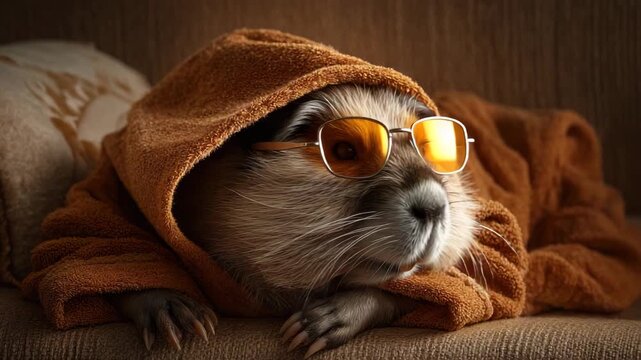 Pet beaver wearing a bathrobe and humorous sunglasses resting on an elegant sofa soft lighting detailed fur texture clean composition