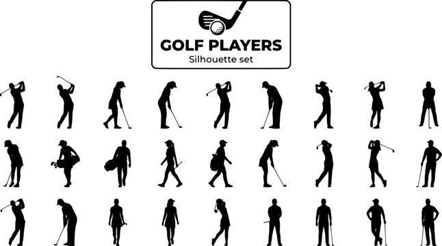 Golf Player Silhouette Set Black White Sport Bundle Vector Illustration Isolated White Background