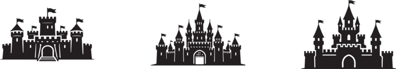 Medieval castle icon vector set with fortress towers and historic silhouette design. © MOSTSHAMIMA