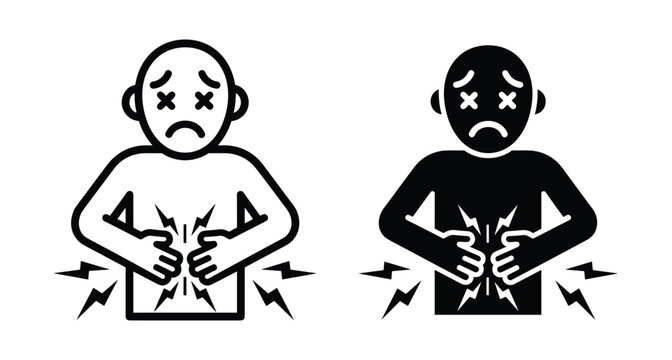Stomach ache icon set showing man with abdominal pain cramps indigestion gastric problems intestinal discomfort and digestive system health issues