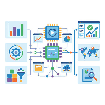 A colorful vector graphic illustrating a complex data processing system with various icons and charts