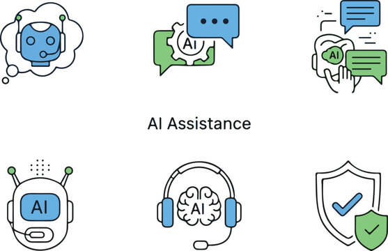Artificial intelligence icons set with chatbot and security isolated on white background