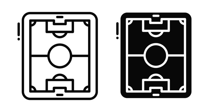 Soccer football field pitch on tablet screen digital app interface icon set with line and solid glyph style graphic