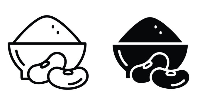 bowl of bean flour with whole beans icon set in outline and solid style for food packaging and cooking design